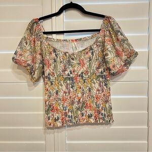 Anthropologie Aurelia Floral Smocked Short Sleeve Top White Pink Floral Multi S